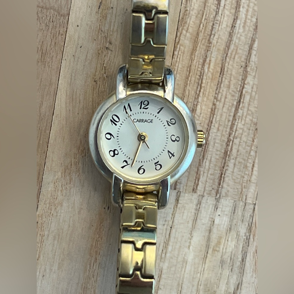 Carriage Ladies Watch Indiglo White Dial Two Tone Stretch Stainless Bracelet